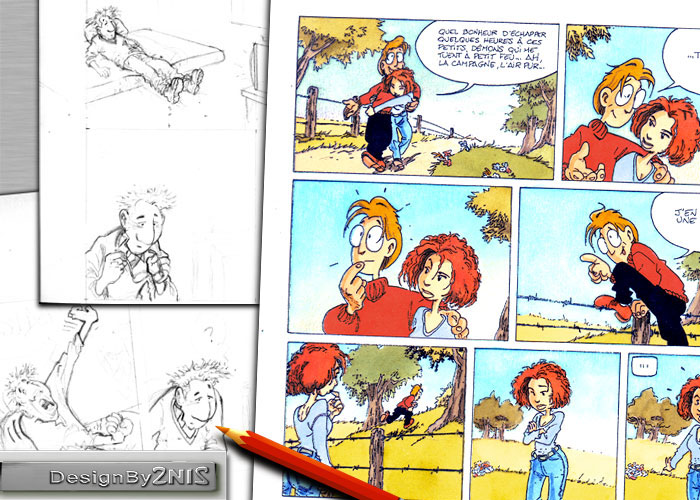 Page de bande dessin&eacute;e et crayonn&eacute;s
