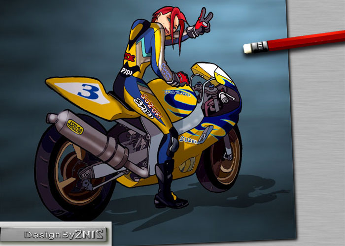 Dessin d'une jolie fille pilote de moto Suzuki